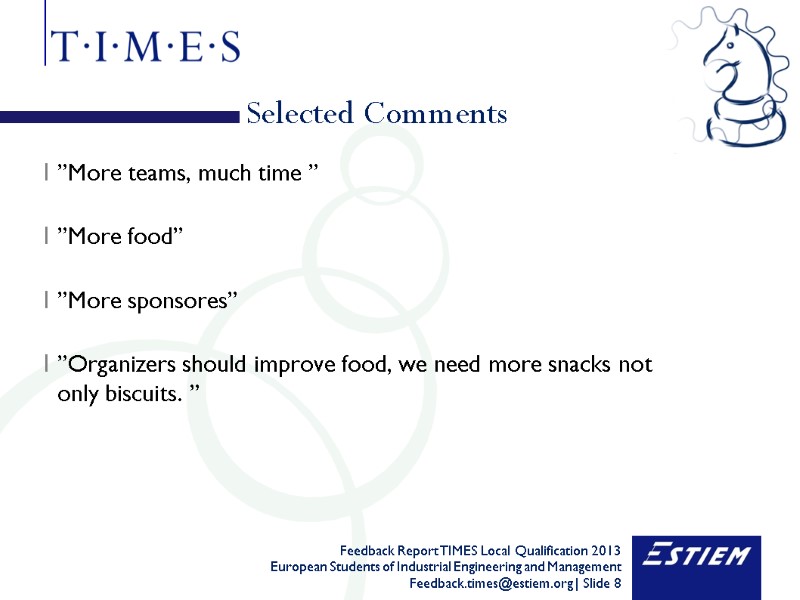 Selected Comments  ”More teams, much time ”  ”More food”   ”More